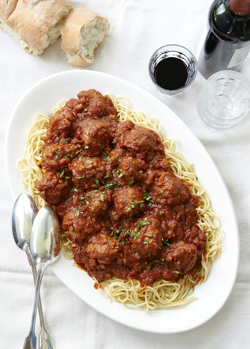 Serving platter of spaghetti and meatballs is food photography by Alison Gootee Photography