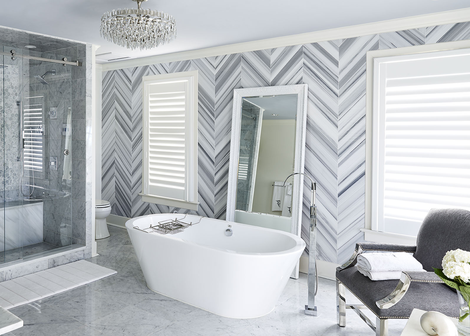 Eclectic home large marble Bathroom by Alison Gootee Photography