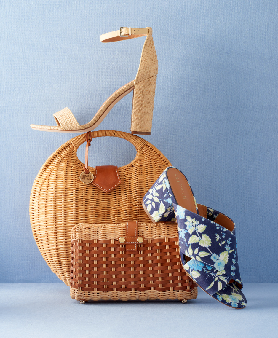 Still life with purse and shoe on light blue background by Alison Gootee Photography 