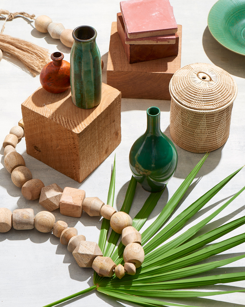 Chunky wood blocks and palmetto with vases and beads Still-life by Alison Gootee Photography