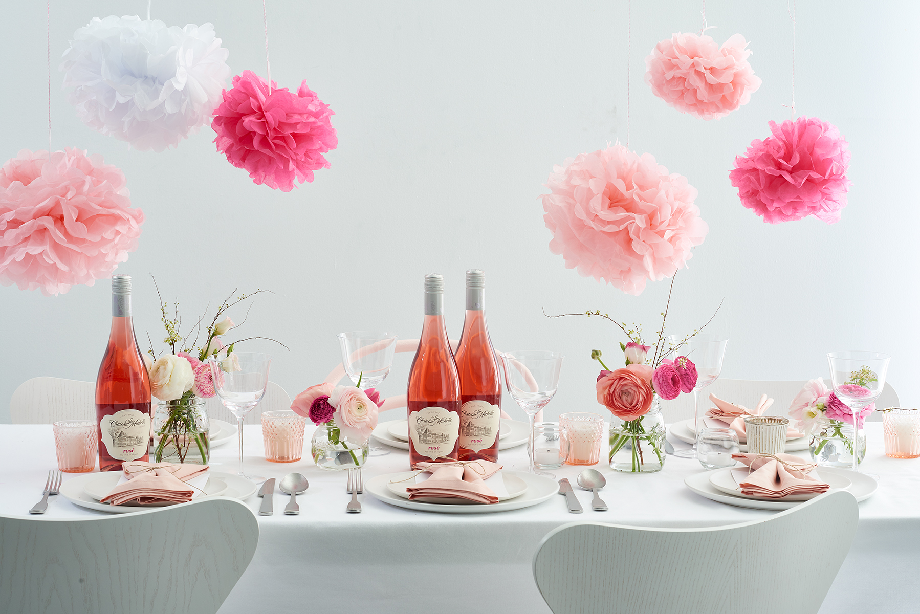  Tablescape with rose wine paper pom poms mothers day  Still-life by Alison Gootee Photography