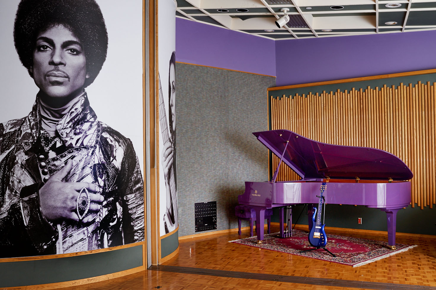 Purple piano in sound studio with purple piano in Paisley Park Prince for Oprah Magazine by Alison Gootee Photography 