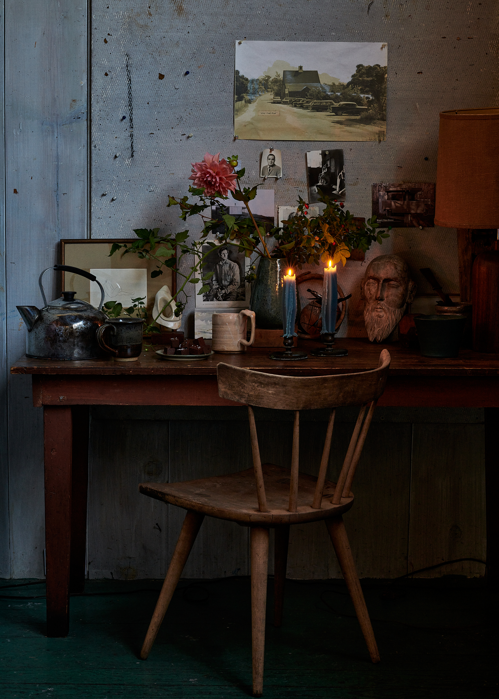 Moody desk with flower and candle  by Alison Gootee Photography 