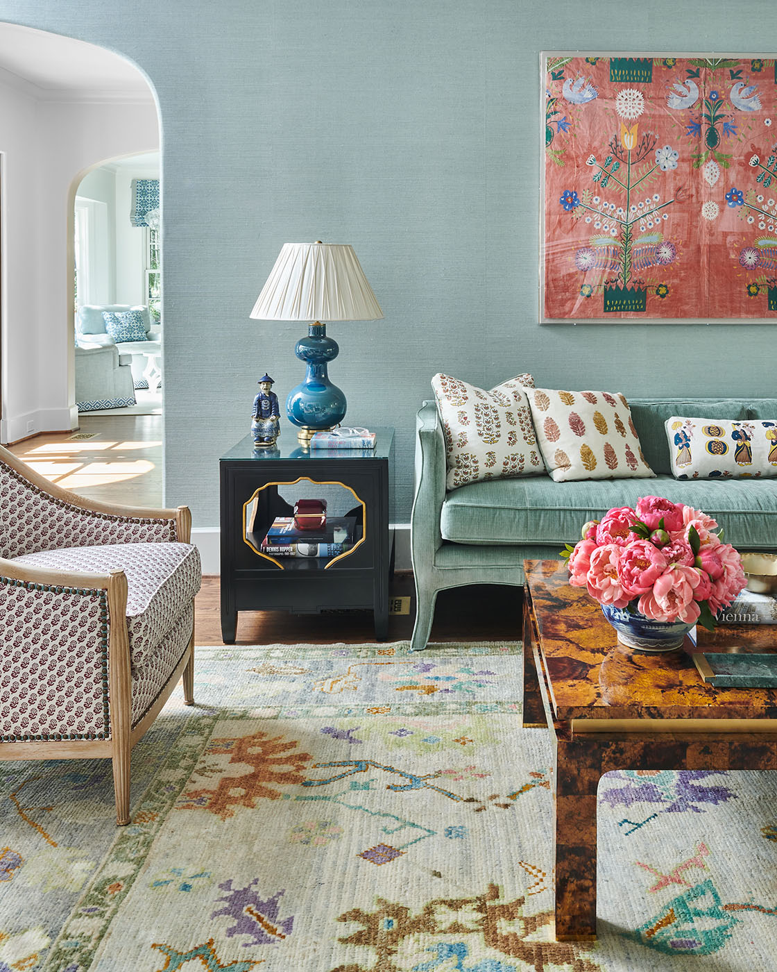 Blue seating area by Madre design in Southern Living Magazine in Dallas Texas by Alison Gootee Photography
