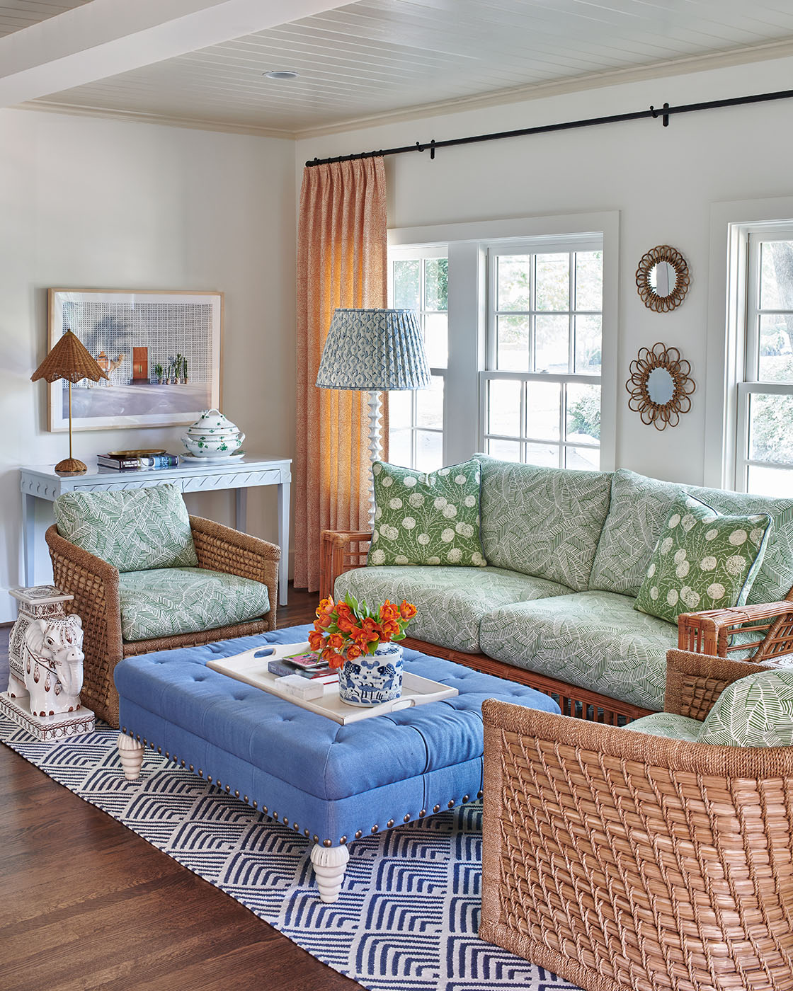 green sofa in front of window Blue seating area by Madre design in Southern Living Magazine in Dallas Texas by Alison Gootee Photography