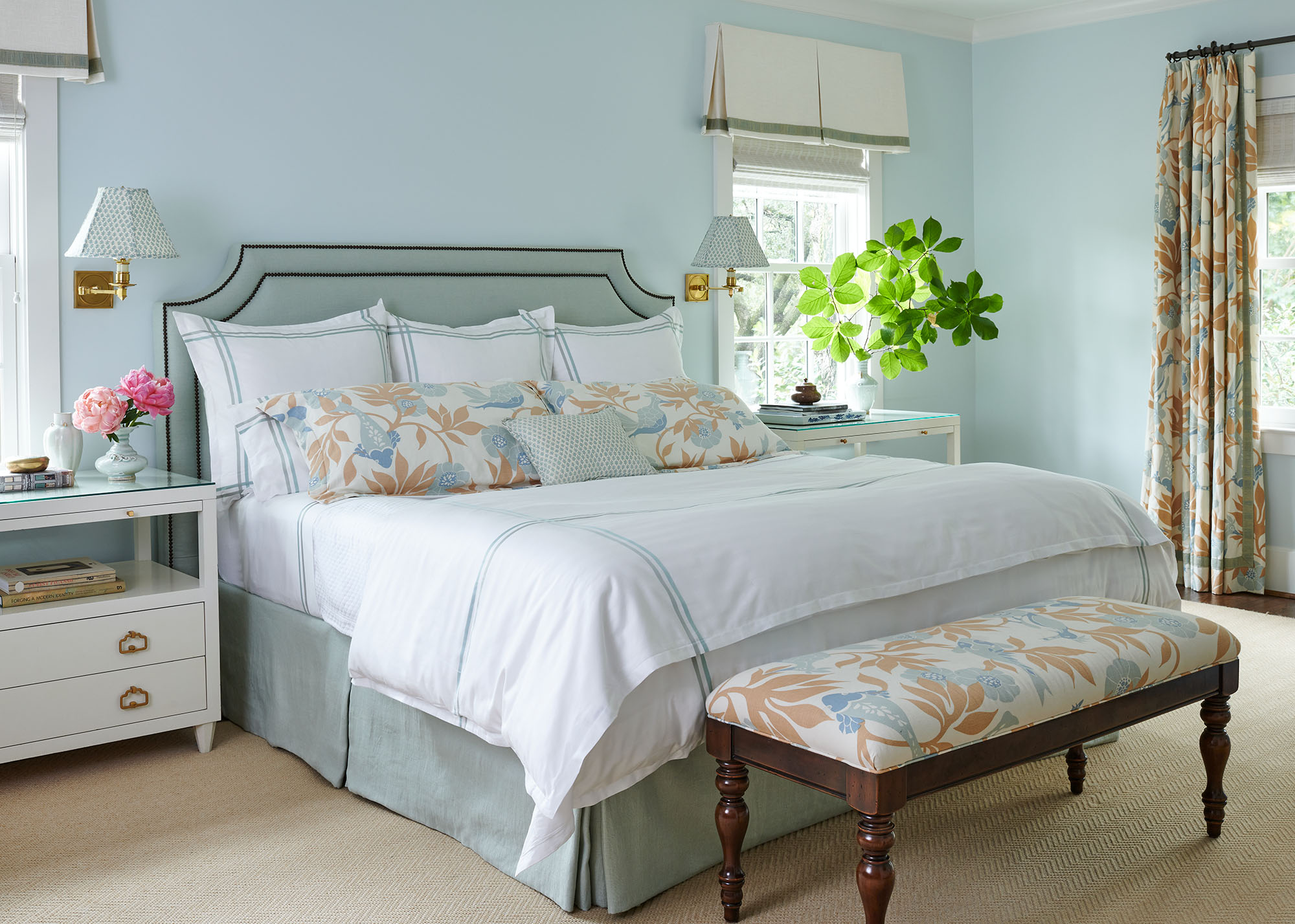 Primary bedroom with green walls Blue seating area by Madre design in Southern Living Magazine in Dallas Texas by Alison Gootee Photography