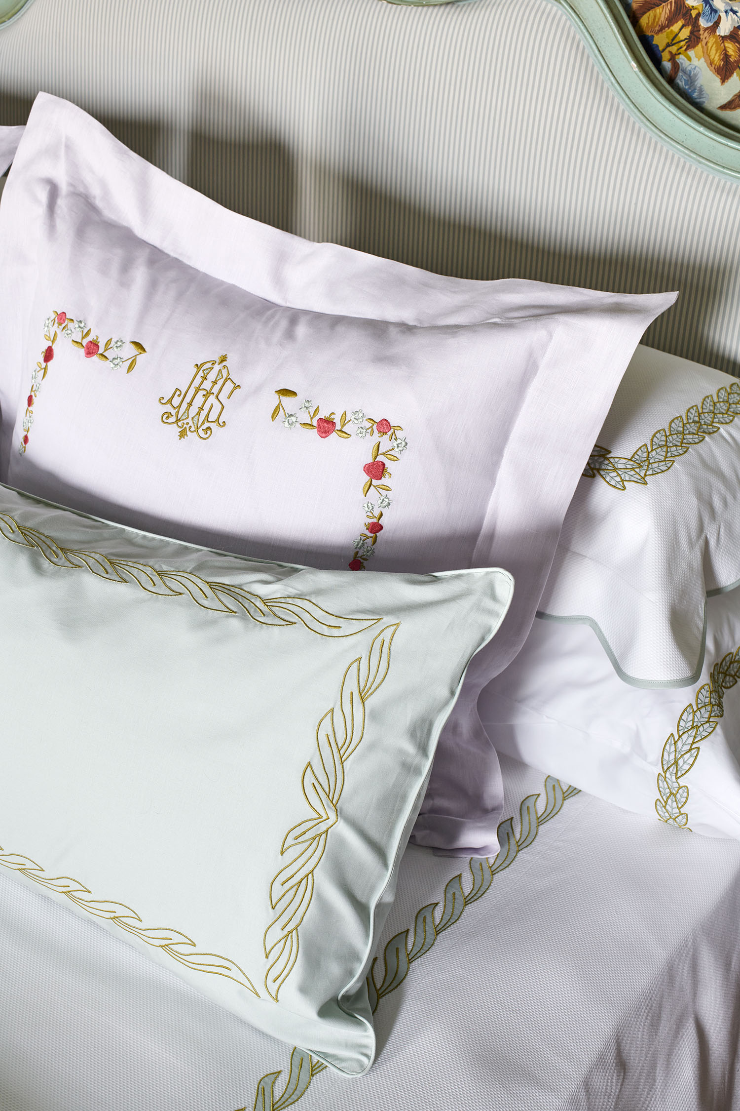 Detail of pillowcases of Jane Scott Hodges in New Orleans Home for Veranda Magazine by Alison Gootee Photography