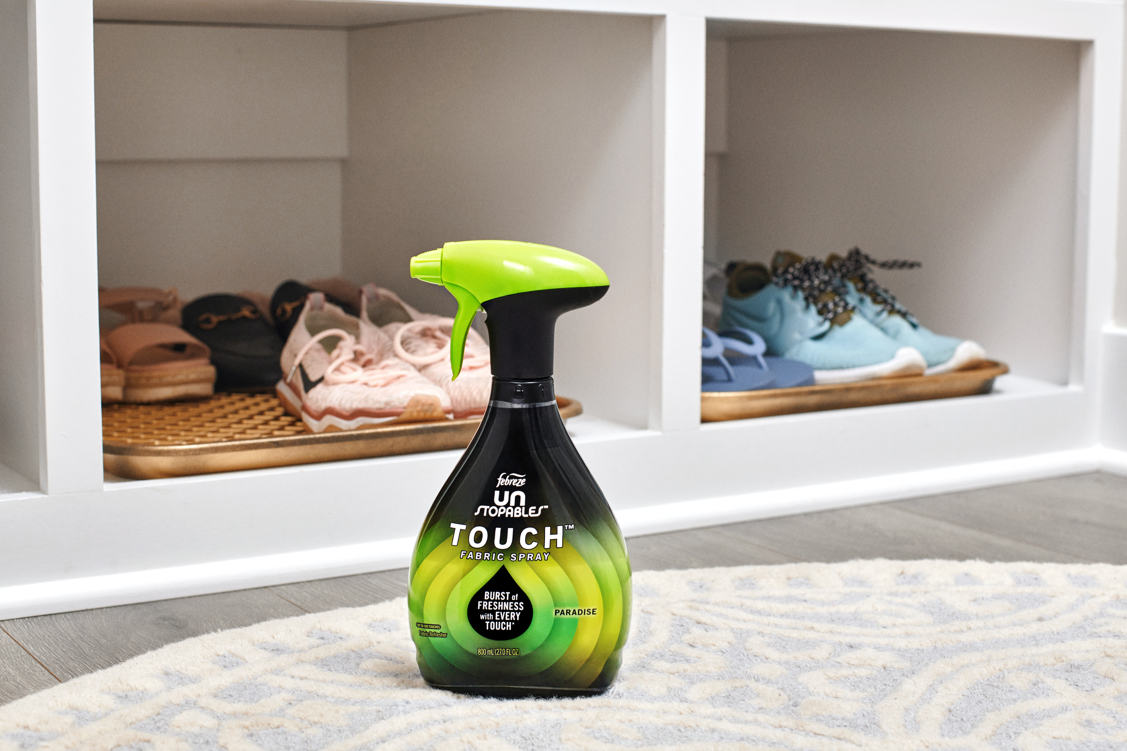  Febreeze bottle on floor by sneakers for Real Simple by Alison Gootee Photography