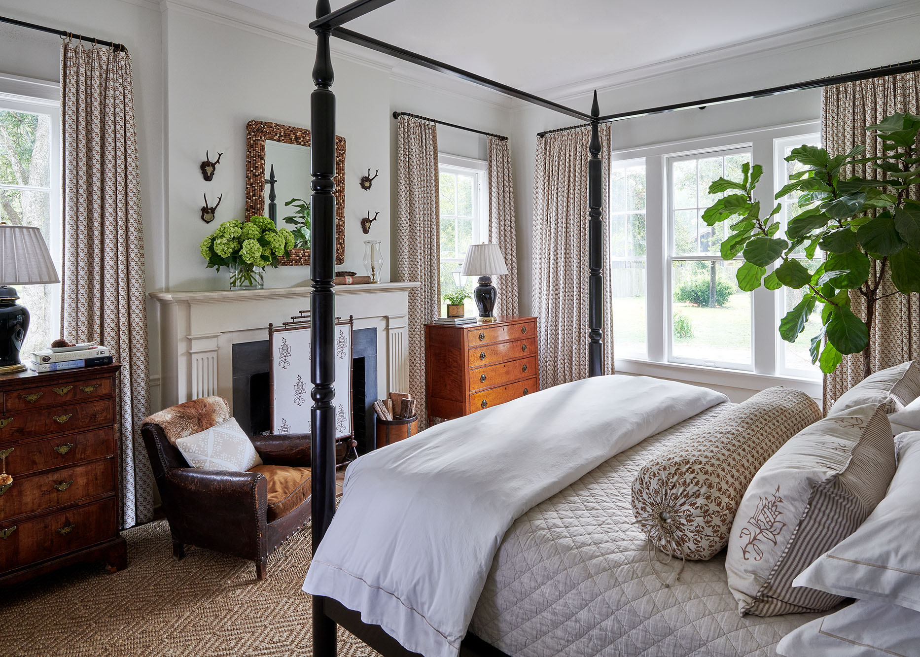 Neutral primary bedroom  in Arkansas Home by Heather Chadduck in Veranda Magazine by Alison Gootee photography