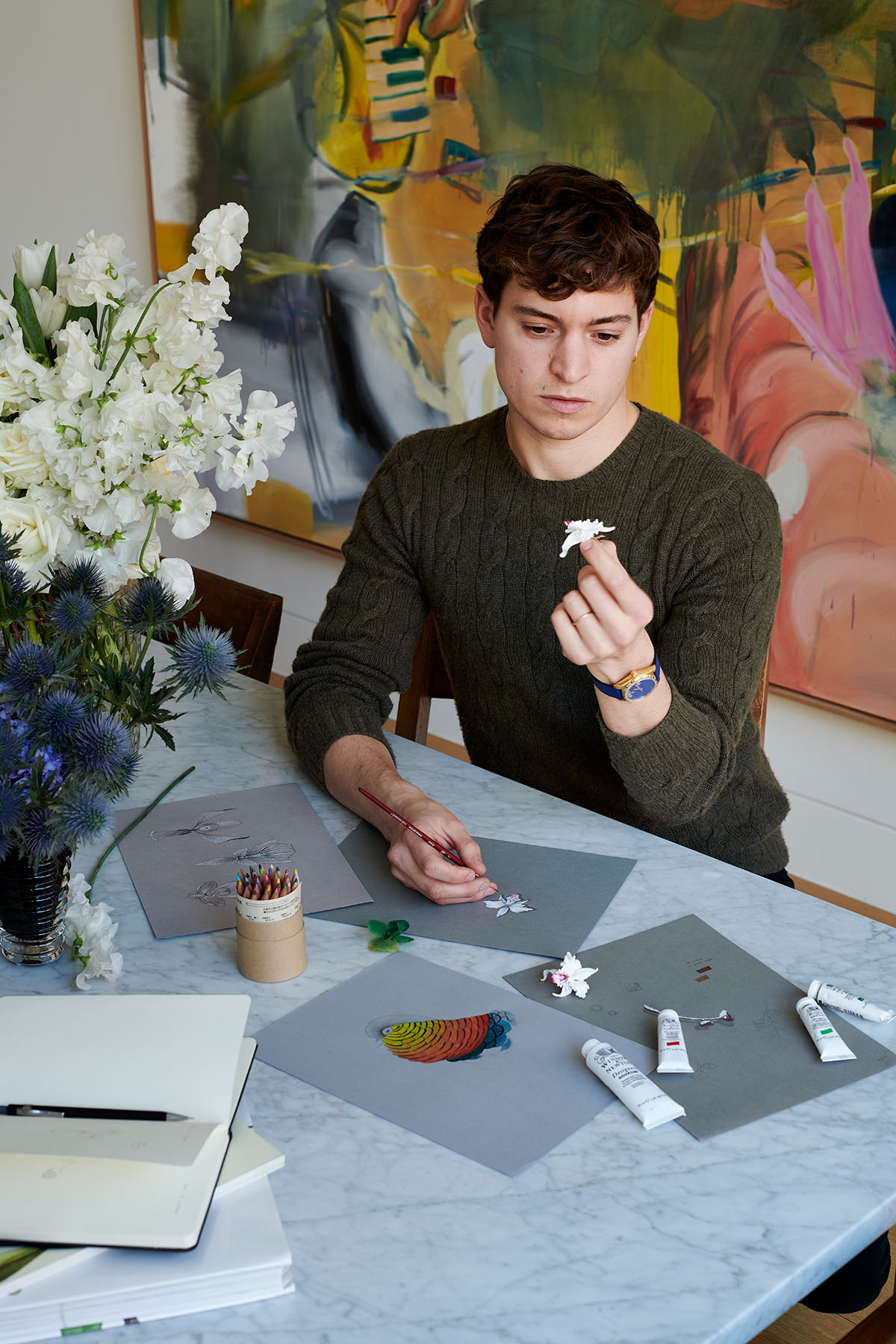 Portrait of Emmanuel Tarpin sketching jewelry designs by Alison Gootee Photography