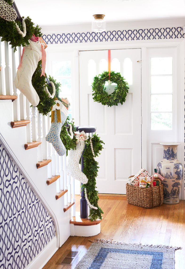 Christmas stair and entryway by Pencil and Paper in Southern Living Magazine by Alison Gootee Photography