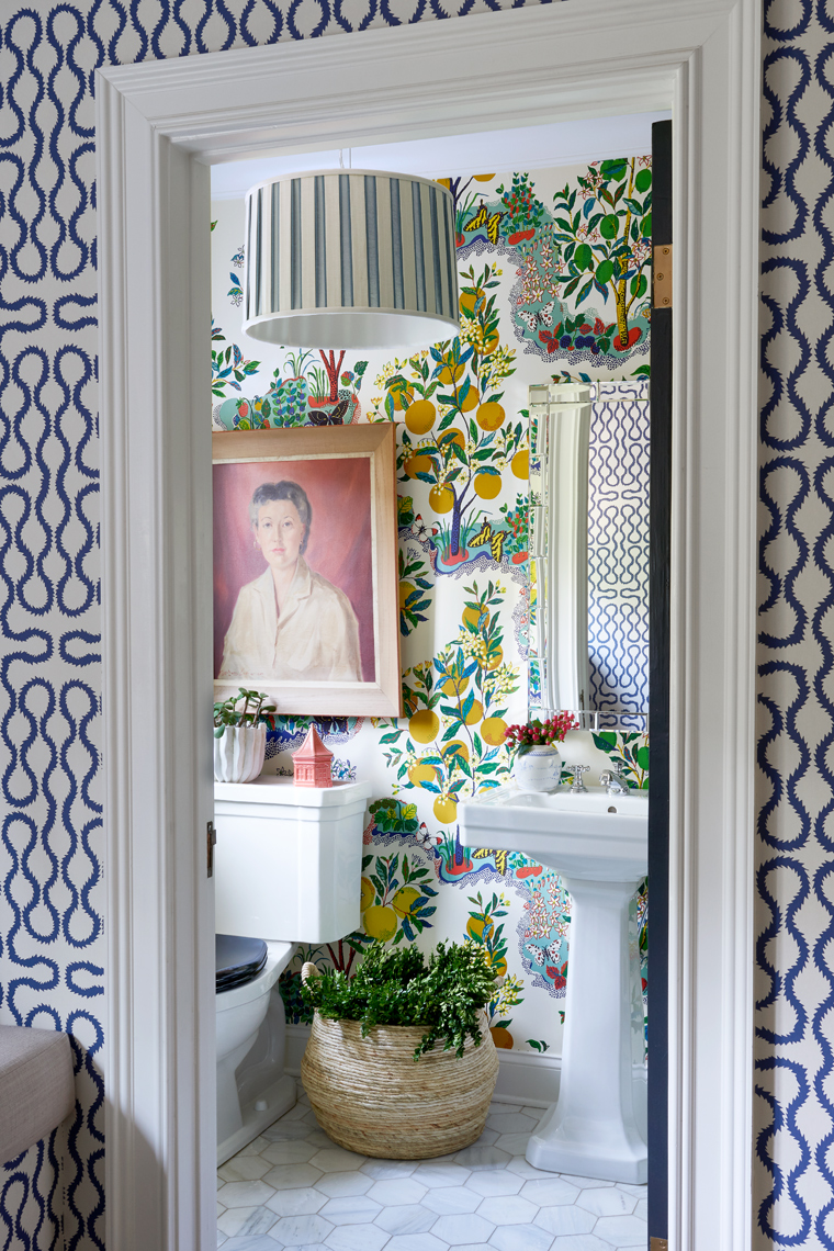 Schumacher wallpaper in bathroom by Pencil and Paper in Southern Living Magazine by Alison Gootee Photography