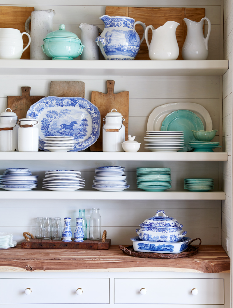 Blue china on country shelves in Southern Living Magazine by Alison Gootee Photography