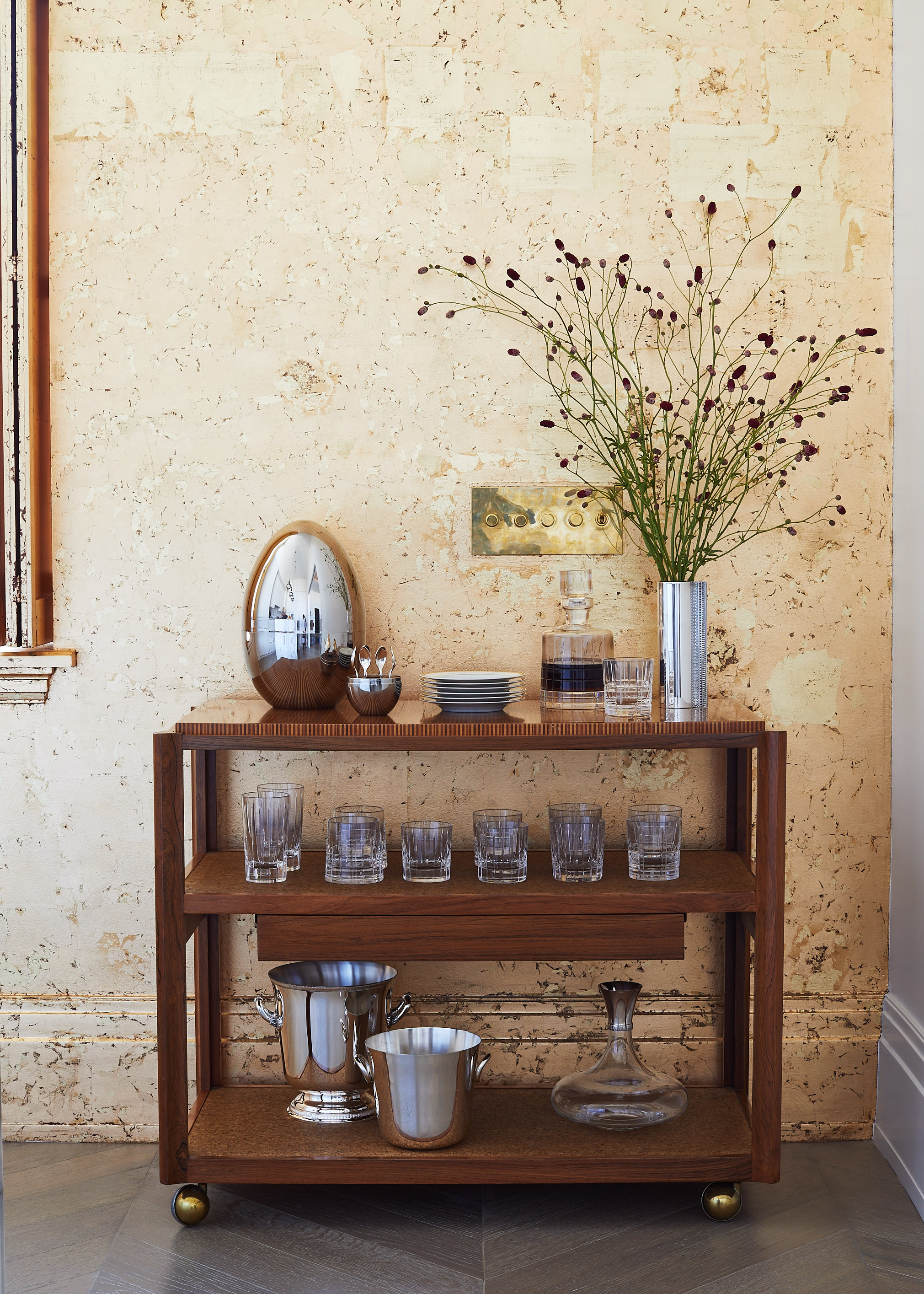 Gold leaf BarCart for Elle Decor Magazine by Alison Gootee Photography