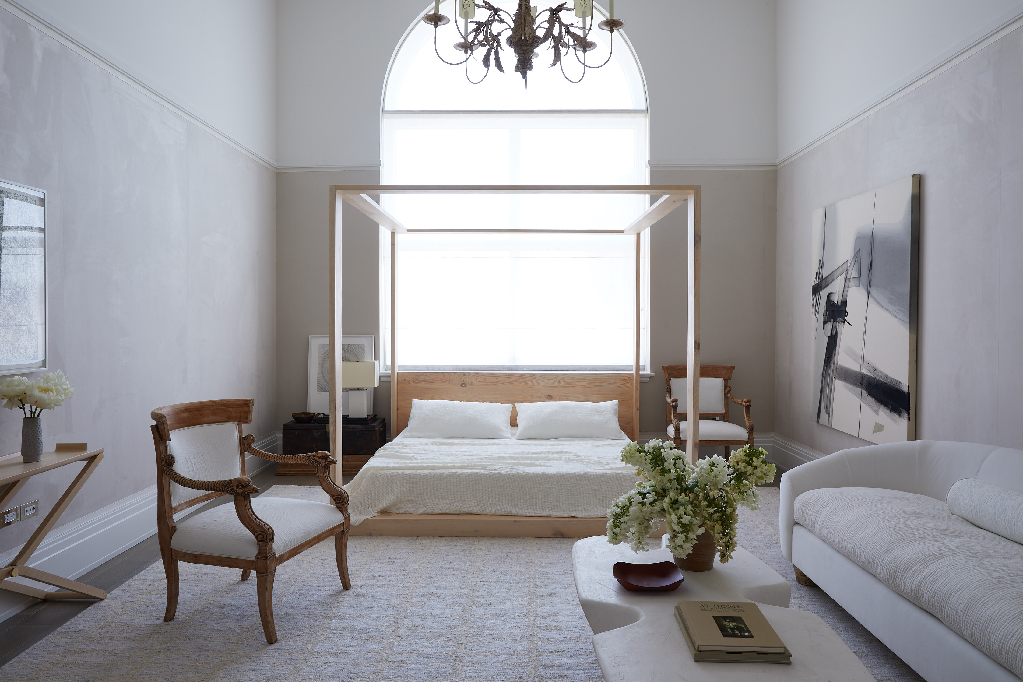 White bedroom with modern wooden bed Elle Decor Magazine by Alison Gootee Photography