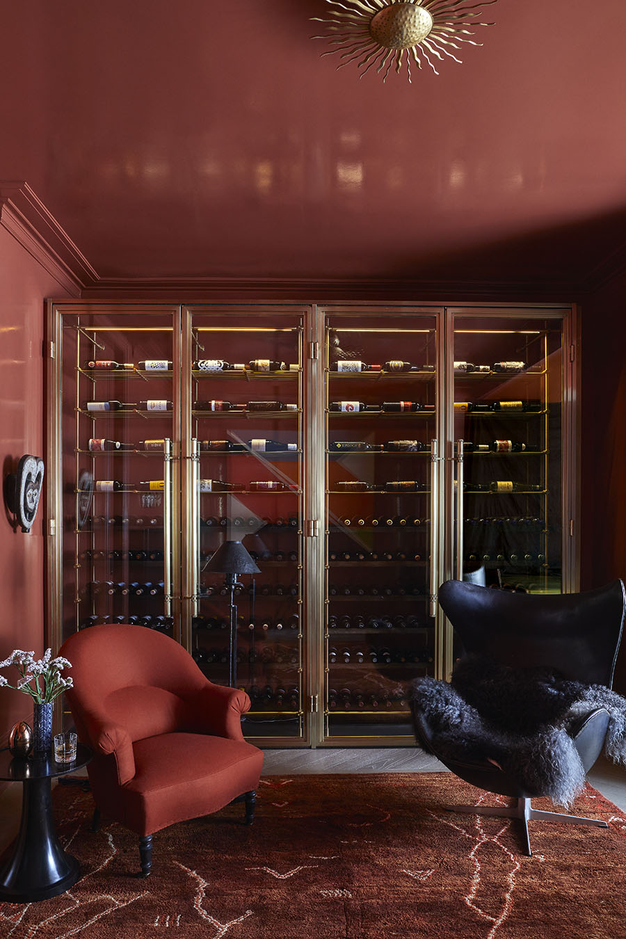 Wine Room with wine room with high laquer walls for Elle Decor Magazine by Alison Gootee Photography