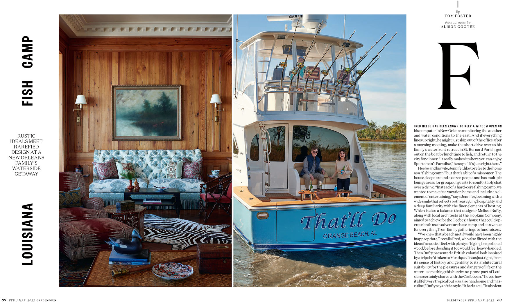 Magazine spread in Louisiana Camp by Melissa Rufty in Garden and Gun Magazine by Alison Gootee photography