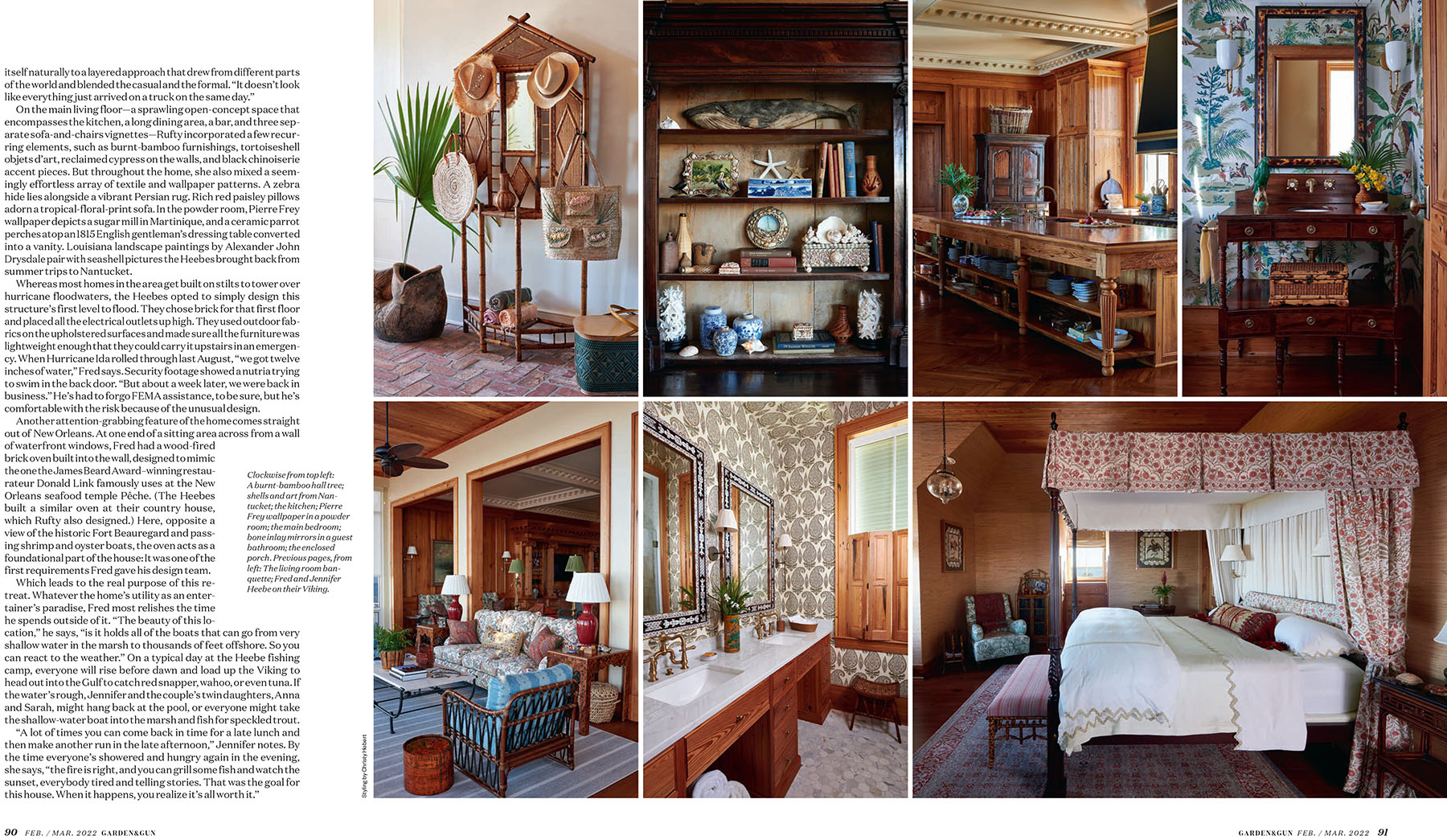 Double page magazine spread in Louisiana Camp by Melissa Rufty in Garden and Gun Magazine by Alison Gootee photography