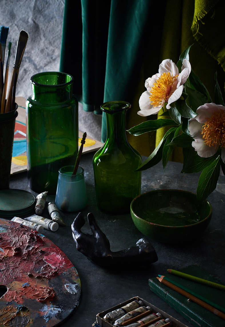 moody artist studio Still-life with paint brushes and flowere by Alison Gootee Photography