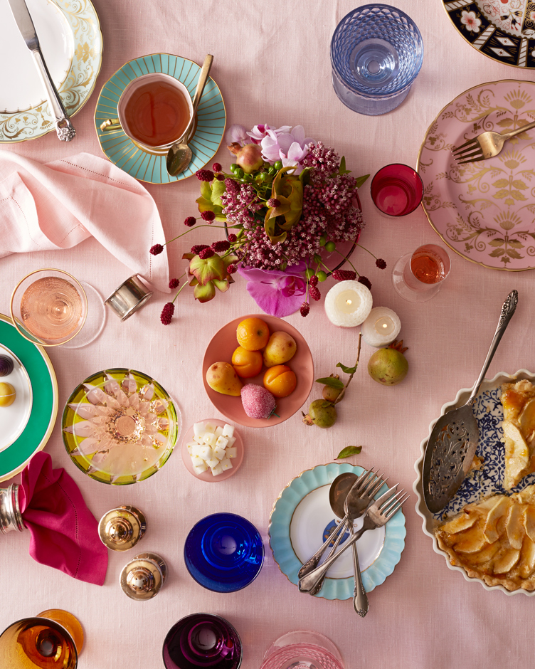 overhead image of dining table with small plates desserts sweets tea cups china on pink linen table cloth  Still-life by Alison Gootee Photography