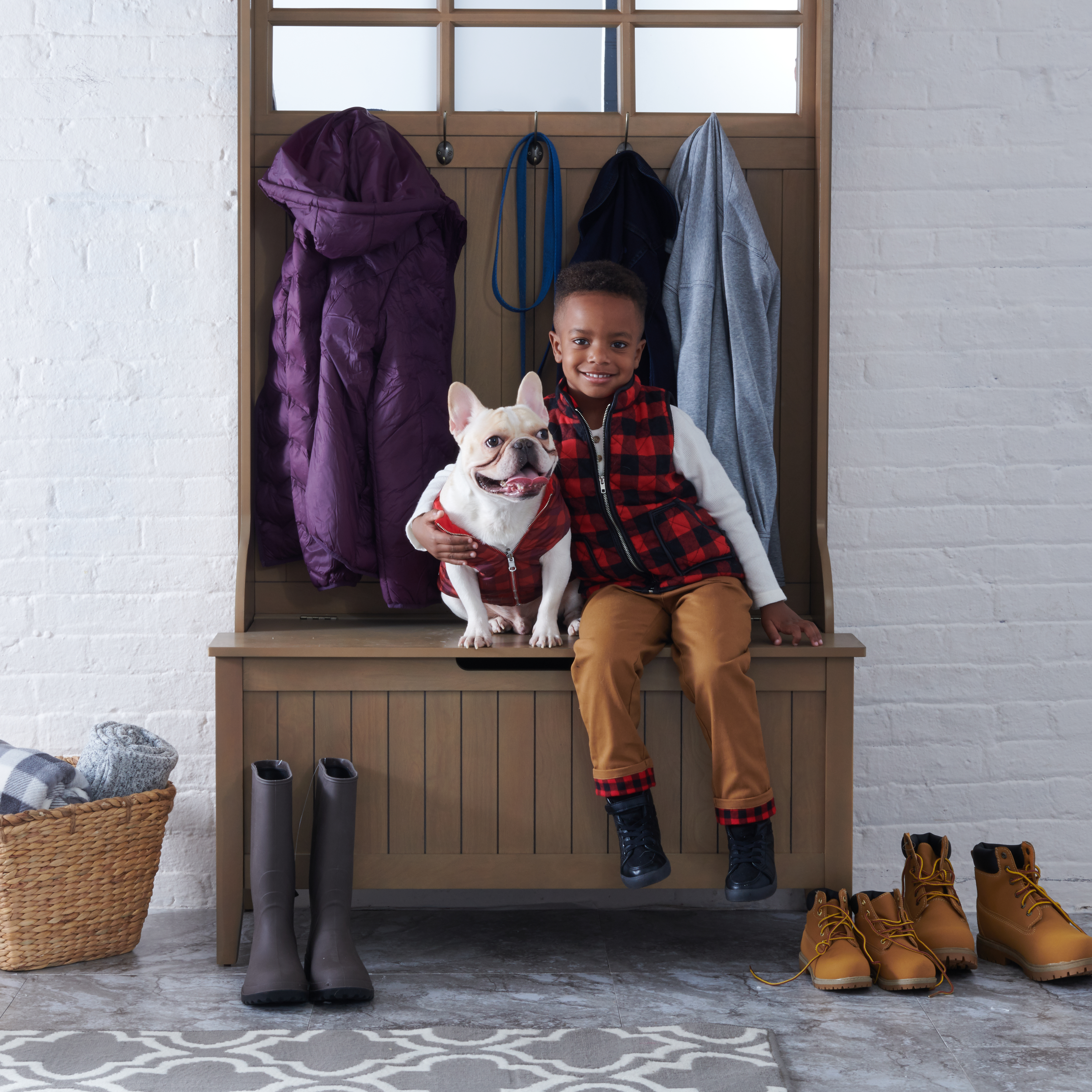 Young child on bench with puppy for Walmart by Alison Gootee Photography