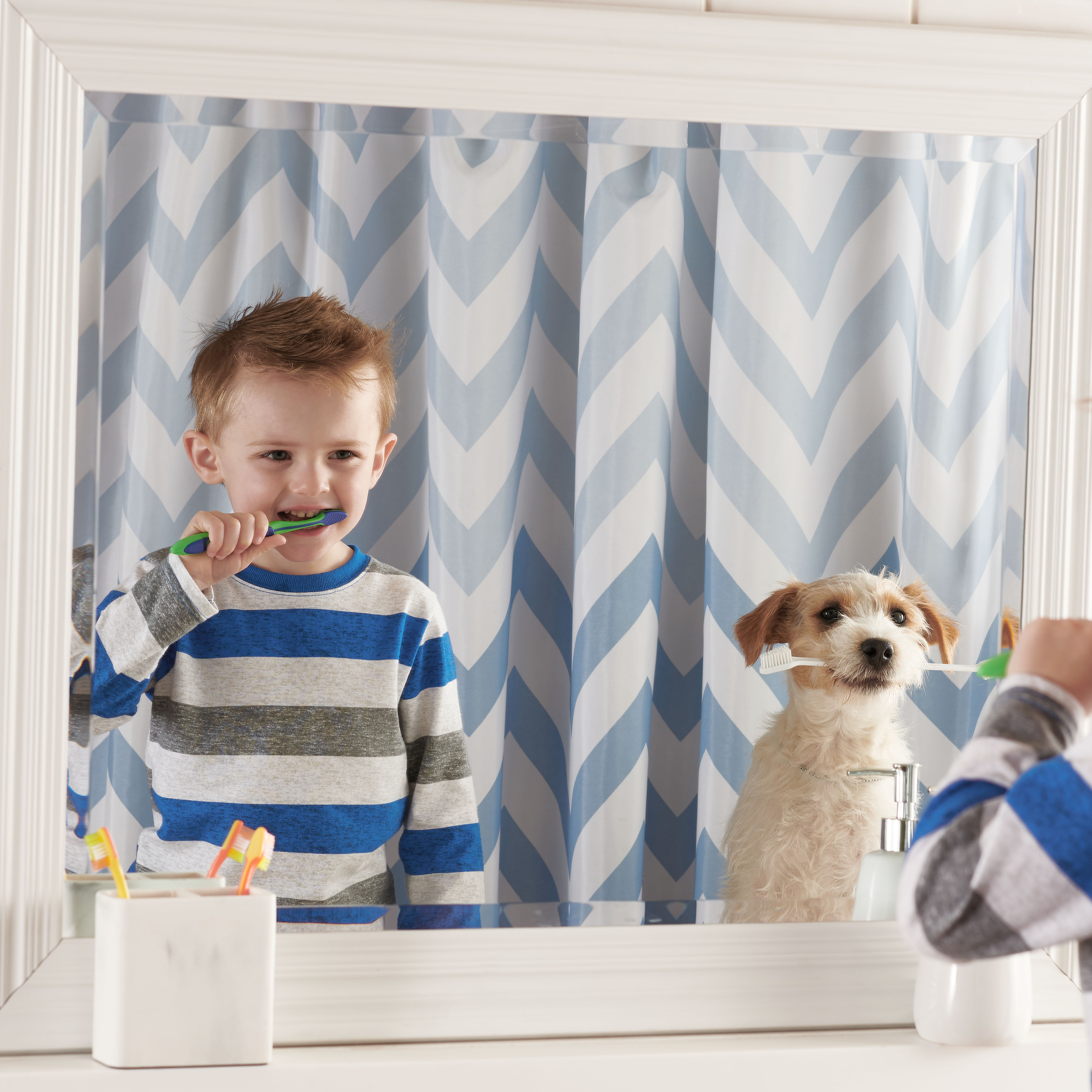 Young child brushing teeth in mirror with dog for Walmart by Alison Gootee Photography