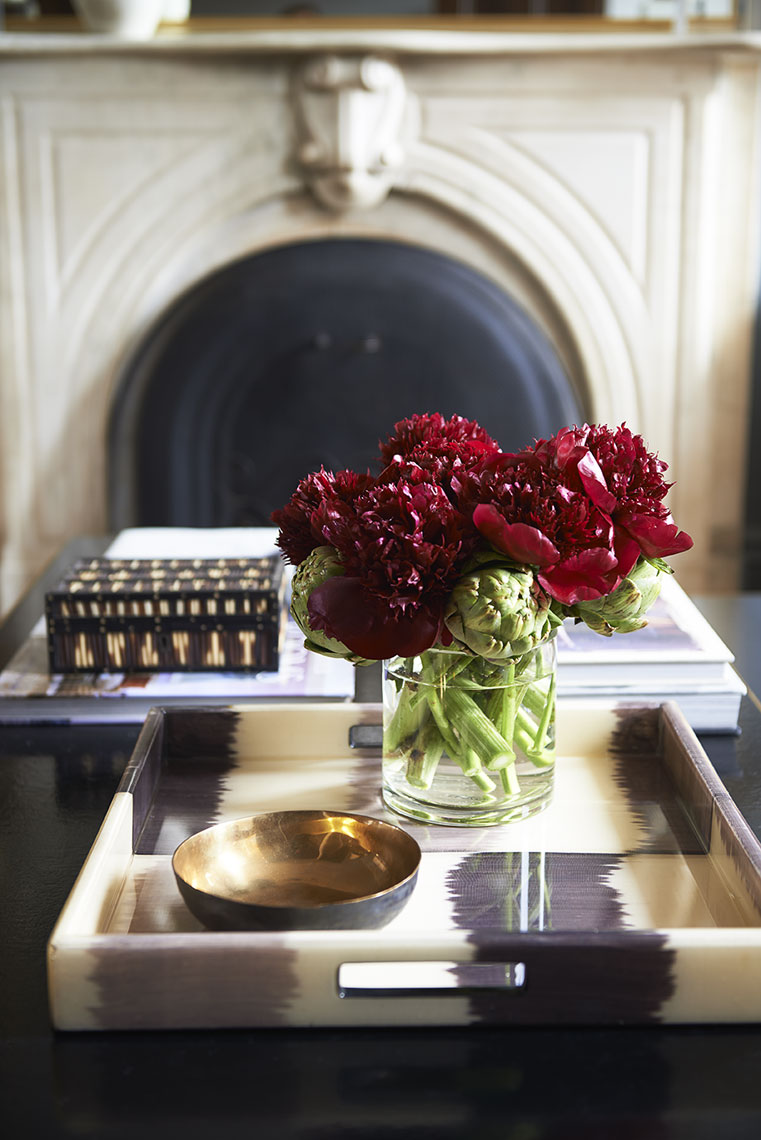 Detail of coffee table and marble mantle by McGrath by Alison Gootee Photography 