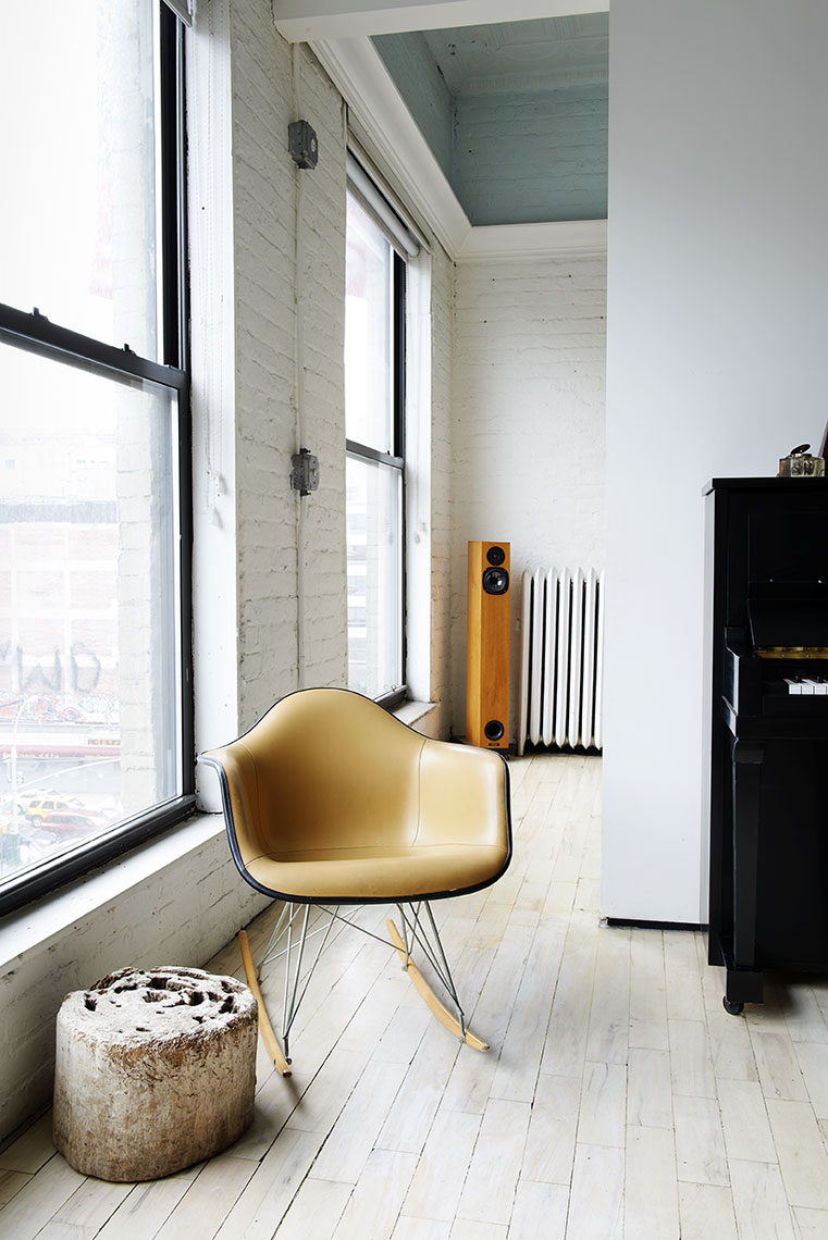 Mid centruy yellow leather chair in NYC loft by Alison Gootee Photography 
