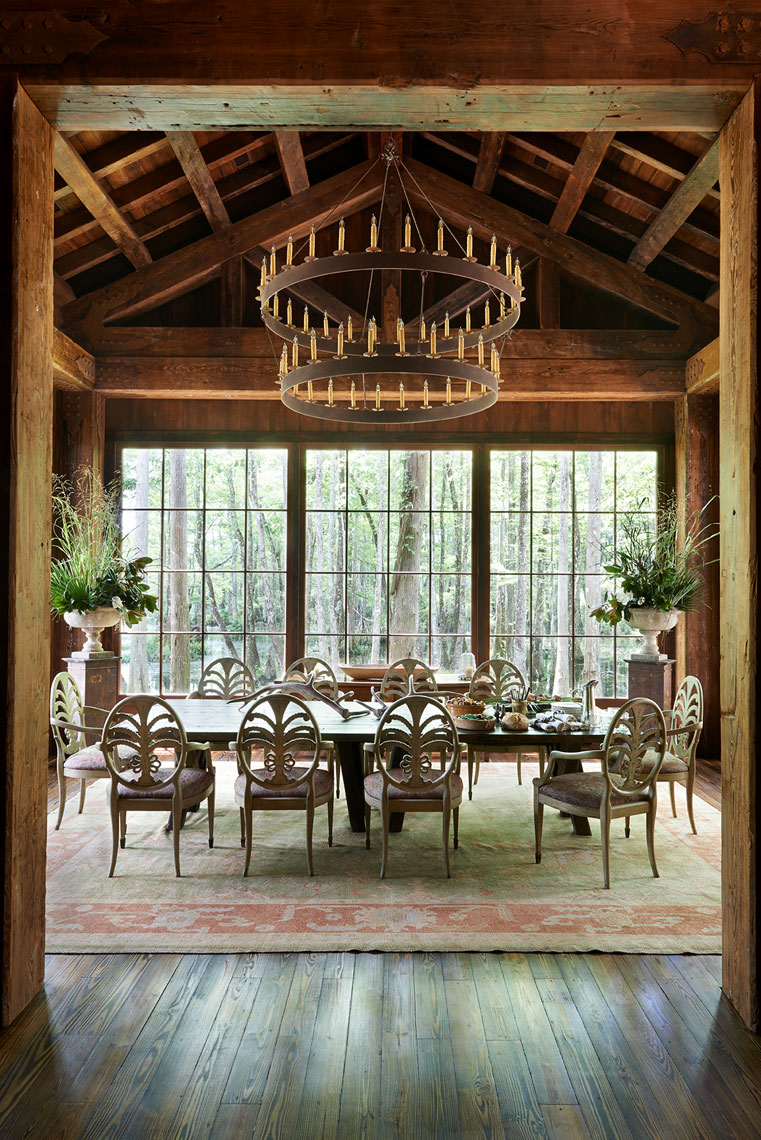 Grand dining room in the swamp Talisheek Pearl River Camp by Melissa Rufty  in Garden and Gun Magazine by Alison Gootee photography