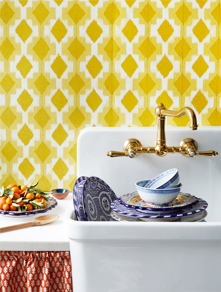 Kitchen Sink full of dishes with block print skirt and yellow patterned wallpaper  Still-life by Alison Gootee Photography